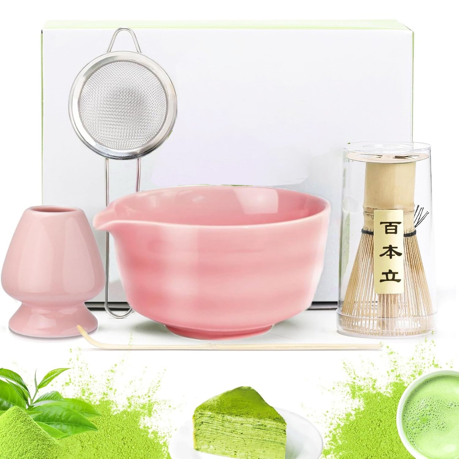 Różowy Zestaw Do Herbaty Matcha Chasen, Czarka, Łyżka, Filtr,