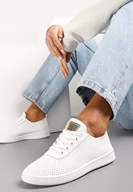 Trampki damskie - Biało-Złote Tenisówki przed Kostkę z Perforacją Rineli - miniaturka - grafika 1