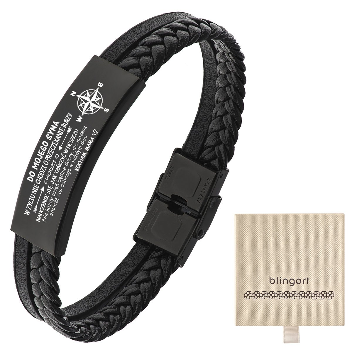 Bransoletka męska z GRAWEREM czarna plecionka blas