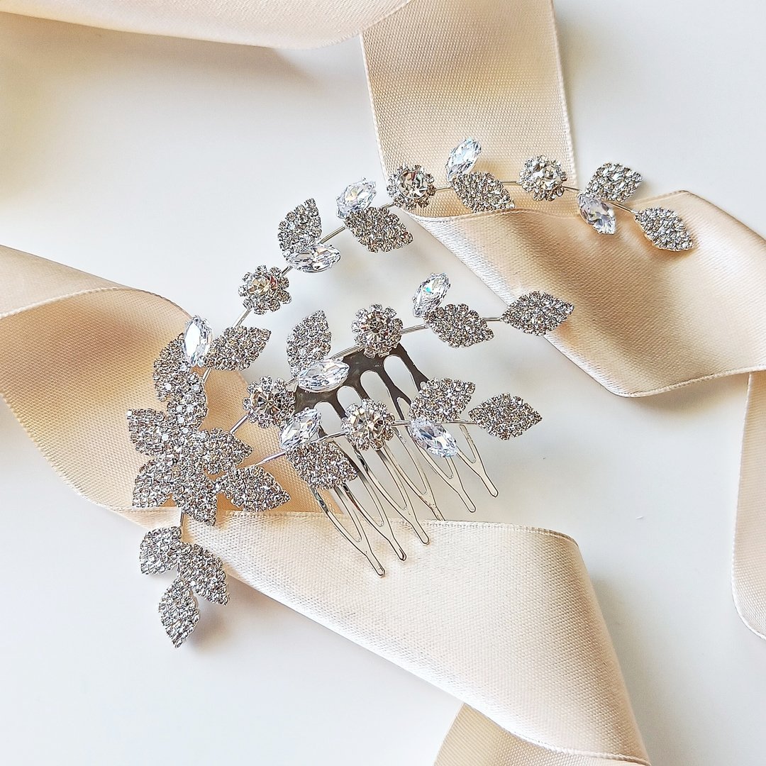 Efektowny grzebyk do niskiego koka srebrny z listkami i cyrkoniami BŁYSZCZY