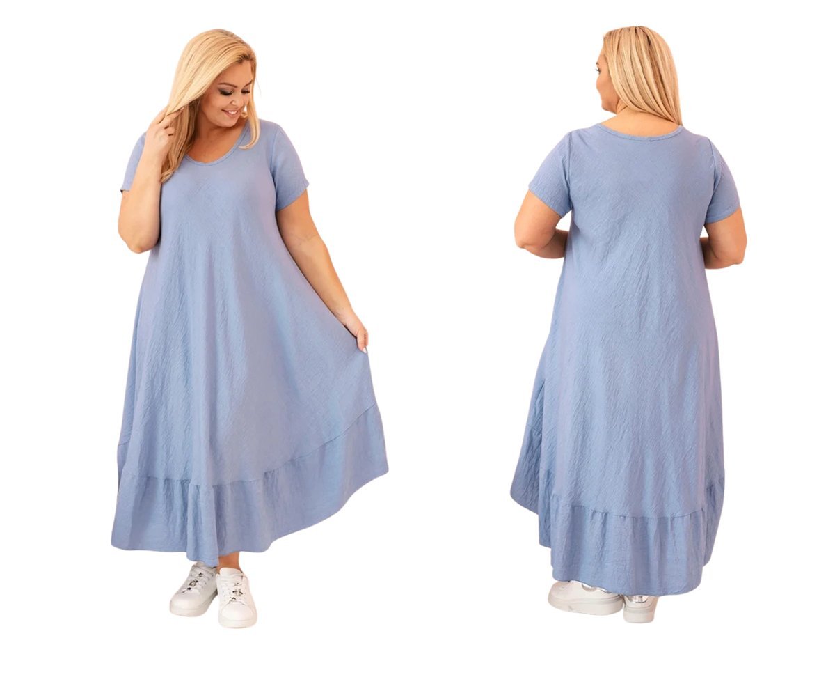 Jeansowa sukienka damska maxi Plus Size wiskozowa z krótkim rękawem