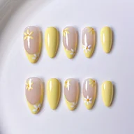 Sztuczne paznokcie i akcesoria - TEMU 10 sztuk francuskiej manicure w kształcie migdała - żółte z delikatnym kwiatowym wzorem, błyszcząca powłoka, idealne na wiosnę i , akcesoria do - miniaturka - grafika 1