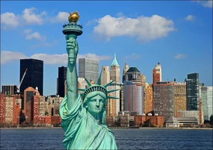 Galeria Plakatu, Plakat, Nowy Jork, Statua Wolności Manhattan Skyline, 80x60 cm - Plakaty - miniaturka - grafika 1