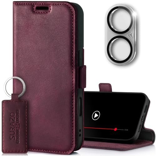 SURAZO Etui na telefon komórkowy Apple iPhone 16 Slim z klapką ze skóry naturalnej [z przegródką na karty, ochroną RFID, szkło] Etui z klapką z klapką (burgundowe)