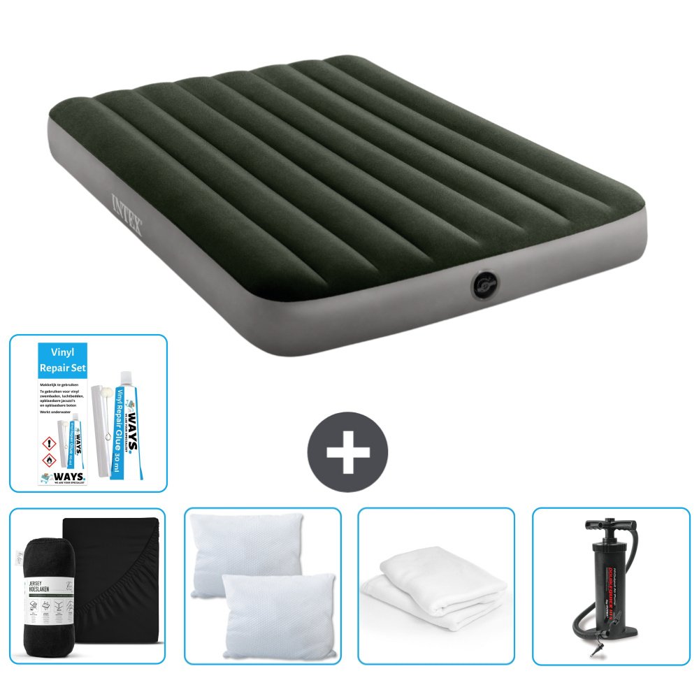 Łóżko powietrzne Intex - Łóżko podwójne - 137 x 191 x 25 cm - Zielony - W zestawie Prześcieradło - Całowanie - Pompka - Zestaw naprawczy en Ochraniacz na poduszkę