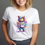 Koszulki i topy damskie - T-Shirt Koszulka biała z nadrukiem kot kotek graffiti art kolorowy rozmiar M - miniaturka - grafika 1