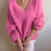 Swetry damskie - TEMU Sweter damski z dekoltem w serek, oversize, jednokolorowy, casual, luźny, miękki, elegancki, długi rękaw, różowy, biurowy, codzienny, jesień-, - miniaturka - grafika 1