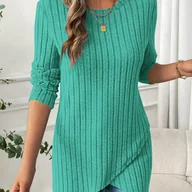 Bluzki damskie - TEMU Bluzka z Długim Rękawem w Kolorze Turkusowo-Zielonym - Elegancki Top z Asymetrycznym Dołem, Średnio Elastyczna i Odporna na Zagniecenia Koszula - miniaturka - grafika 1