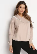 Bluzy damskie - Beżowa Bawełniana Bluza z Kapturem z Ozdobnym Łańcuszkiem i Suwakiem Cielo - miniaturka - grafika 1