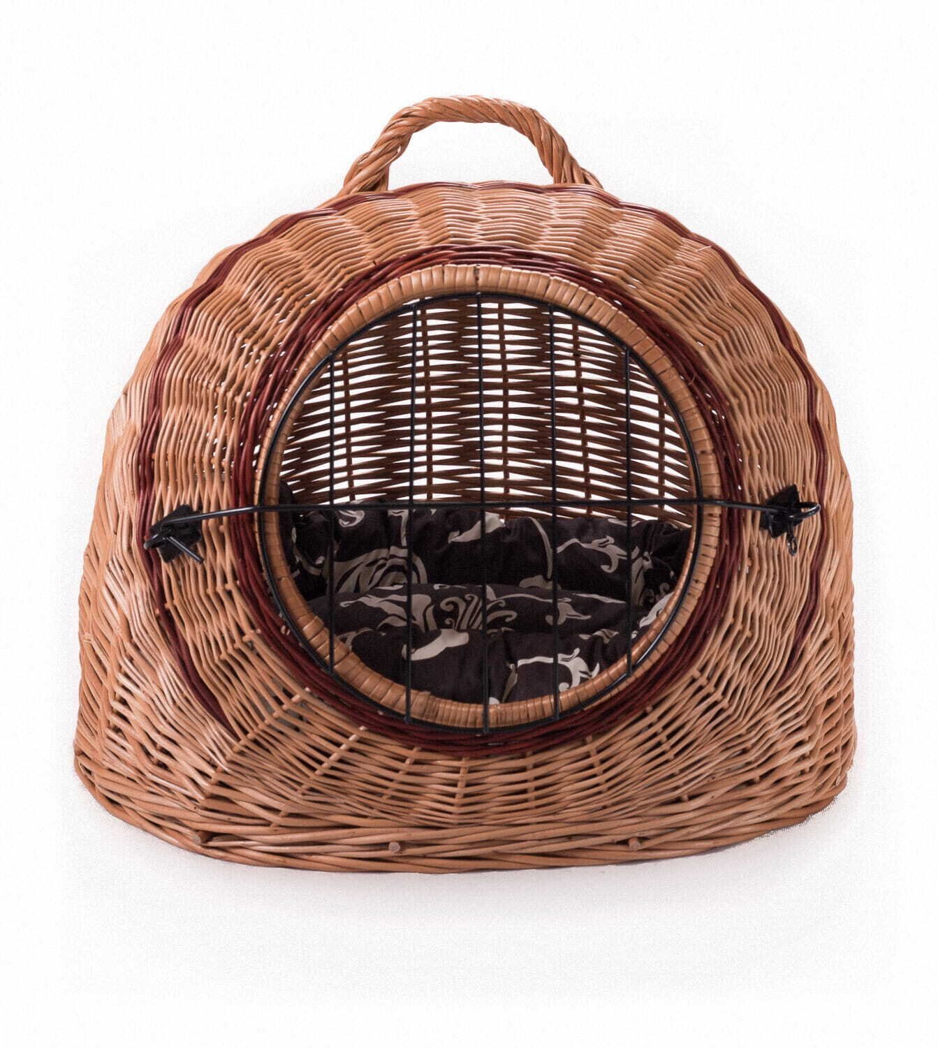 Wiklinowy transporter budka dla kota i innych zwierząt owalny kosz budka z metalowym zamknięciem i z poduszką