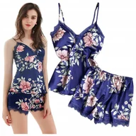 Piżamy damskie - Piżama satynowa spodenki top dwuczęściowa kwiaty - XL - miniaturka - grafika 1