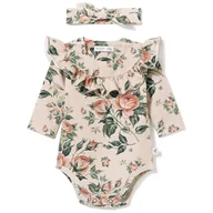 Body dla niemowląt - Zestaw body z falbanką i opaska z supełkiem, róże na beżu 62 - miniaturka - grafika 1