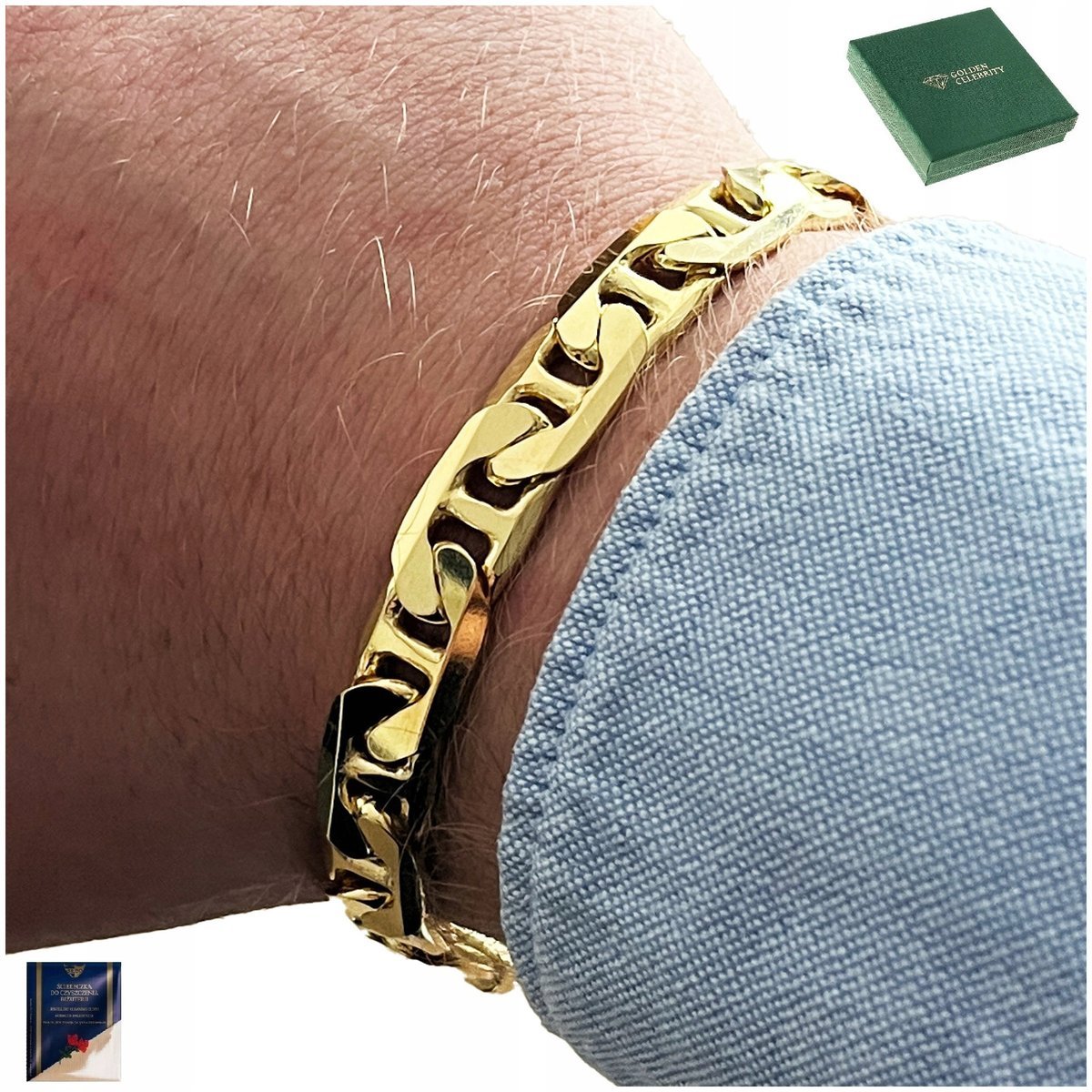 Elegancka Solidna Bransoletka Złota Męska Gucci 22Cm/9Mm Srebro 925 Prezent