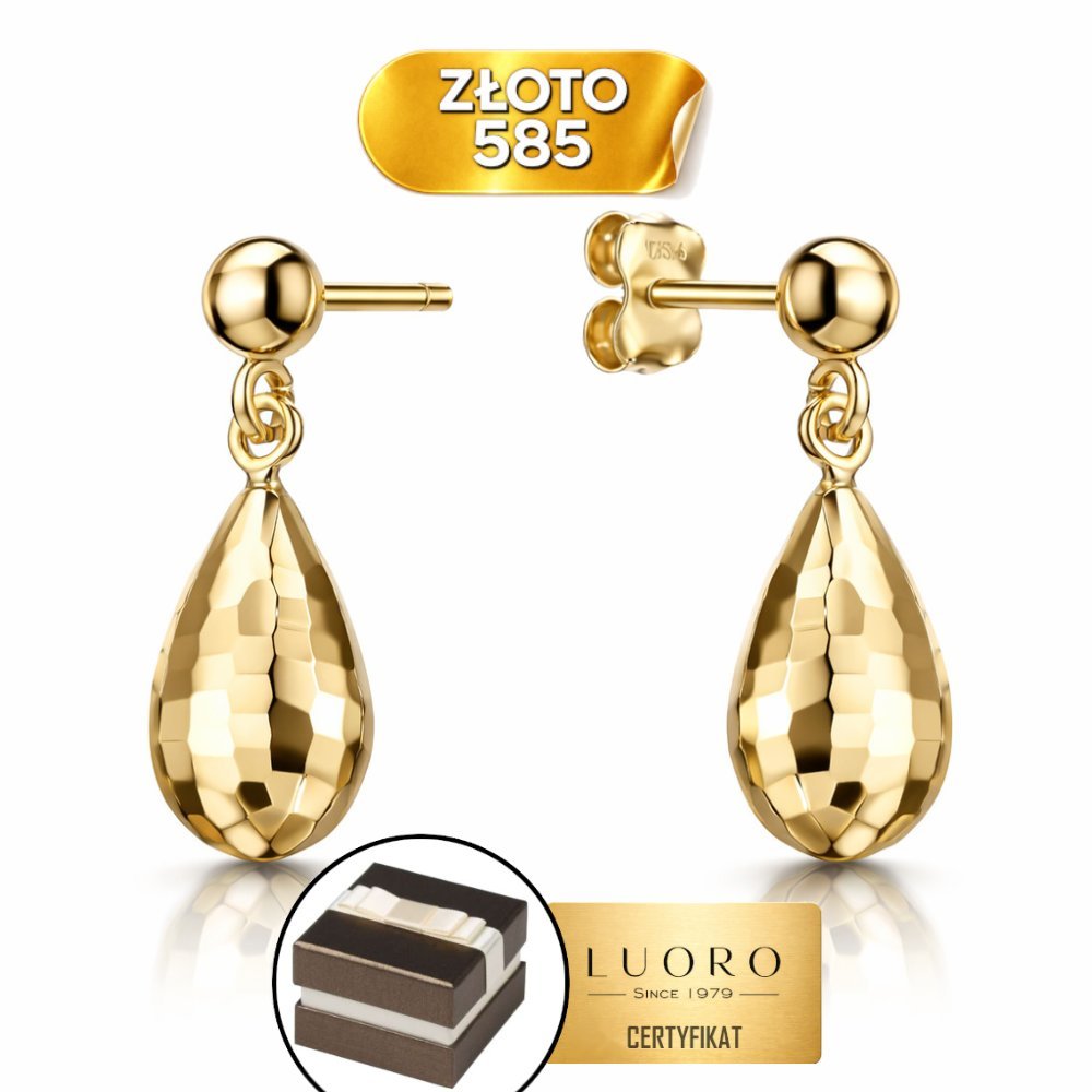 KOLCZYKI ZŁOTE 585 14K WISZĄCE DIAMENTOWANE KROPLE 18 MM SZTYFT