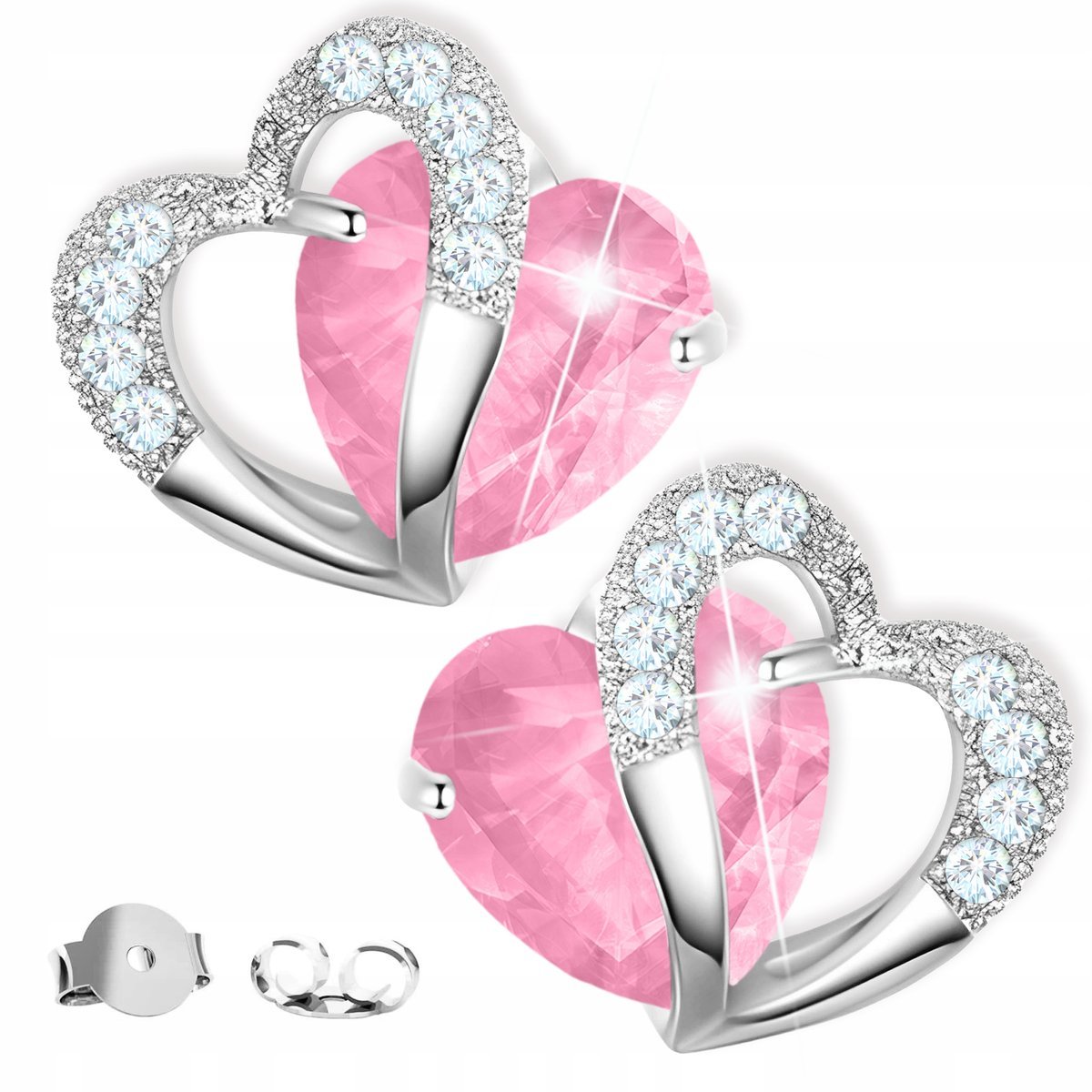 Kolczyki Srebrne z Różowym Sercem Różowe Serca z Cyrkoniami Love SREBRO 925