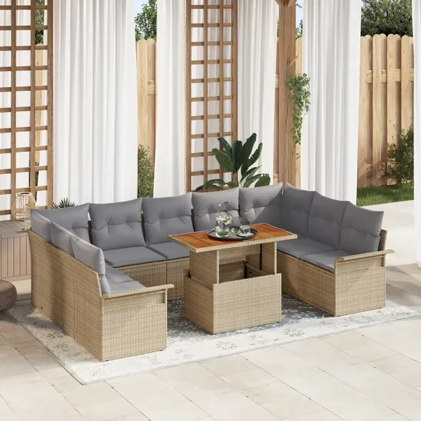 Zestaw Jadalny do Ogrodu z Rattanu, Stół Drewniany, 10 Elementów, Beżow