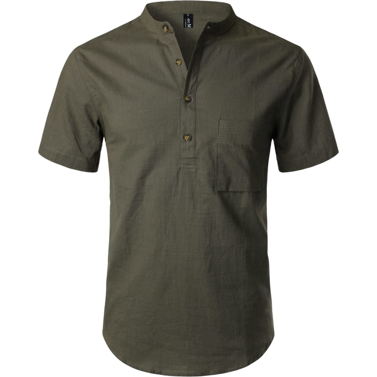 Męska Koszula Henley Casual Bawełniana Krótki Rękaw Ciemno Zielona M