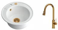 Zlewozmywaki z baterią - Quadron Zlewozmywak granitowy jednokomorowy 51*51*22 cm MORGAN 210 SNOW WHITE z miedzianym odpływem z baterią JESSICA Q LINE z wyciąganą wylewką i funkcją prysznica kolor miedziany - miniaturka - grafika 1