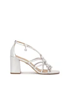 Sandały damskie - Srebrne skórzane sandały z plecionymi paskami - miniaturka - grafika 1