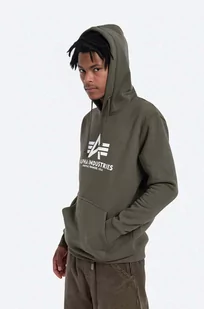 Alpha Industries bluza Basic Hoodie męska kolor zielony z kapturem z nadrukiem 178312.257-ZIELONY - Bluzy męskie - miniaturka - grafika 1