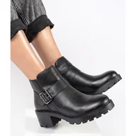 Botki damskie - Czarne skórzane botki damskie na obcasie z ozdobną klamrą Sergio Leone - miniaturka - grafika 1