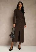 Sukienki - Brązowa Koszulowa Sukienka z Wiskozą Ozdobiona Paskiem i Guzikami Vetionna - Renee - miniaturka - grafika 1