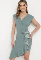 Sukienki - Miętowa Sukienka o Kopertowym Kroju z Falbankami i Trójkątnym Dekoltem Tanilla - miniaturka - grafika 1