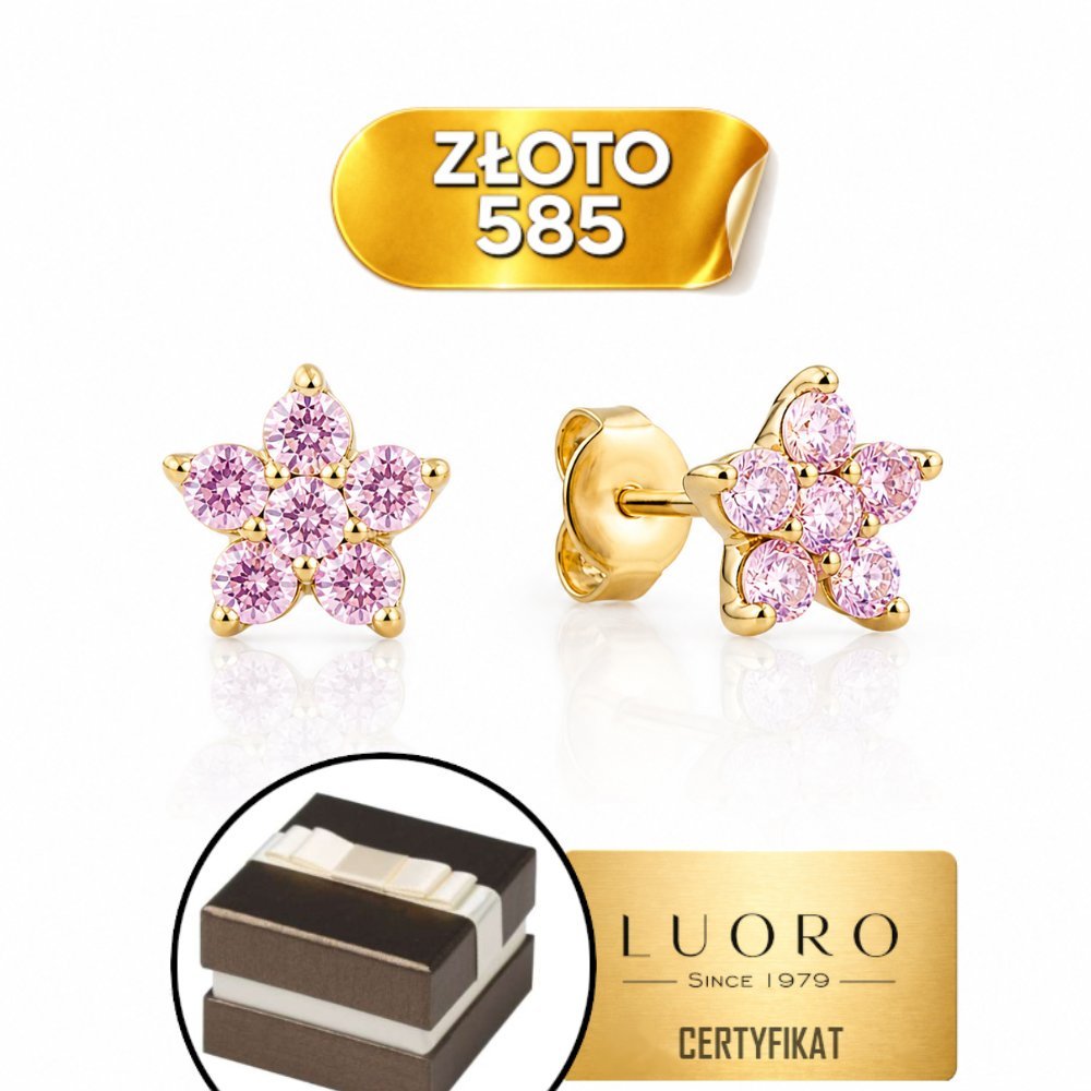 KOLCZYKI ZŁOTE 585 14K KWIATEK Z RÓŻOWĄ CYRKONIĄ 4 MM SZTYFT PREZENT