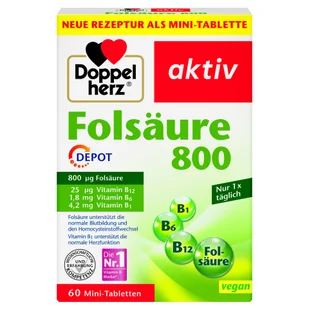 Doppelherz® aktiv Kwas foliowy 800 z wit. B1, B6, B12, 60 tabletek - Witaminy i minerały - miniaturka - grafika 1