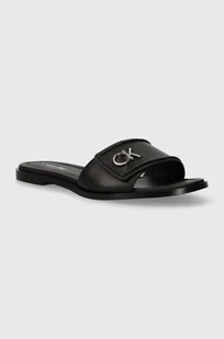 Calvin Klein klapki skórzane FLAT SLIDE RELOCK LTH damskie kolor czarny HW0HW01939 - Klapki i japonki damskie - miniaturka - grafika 1
