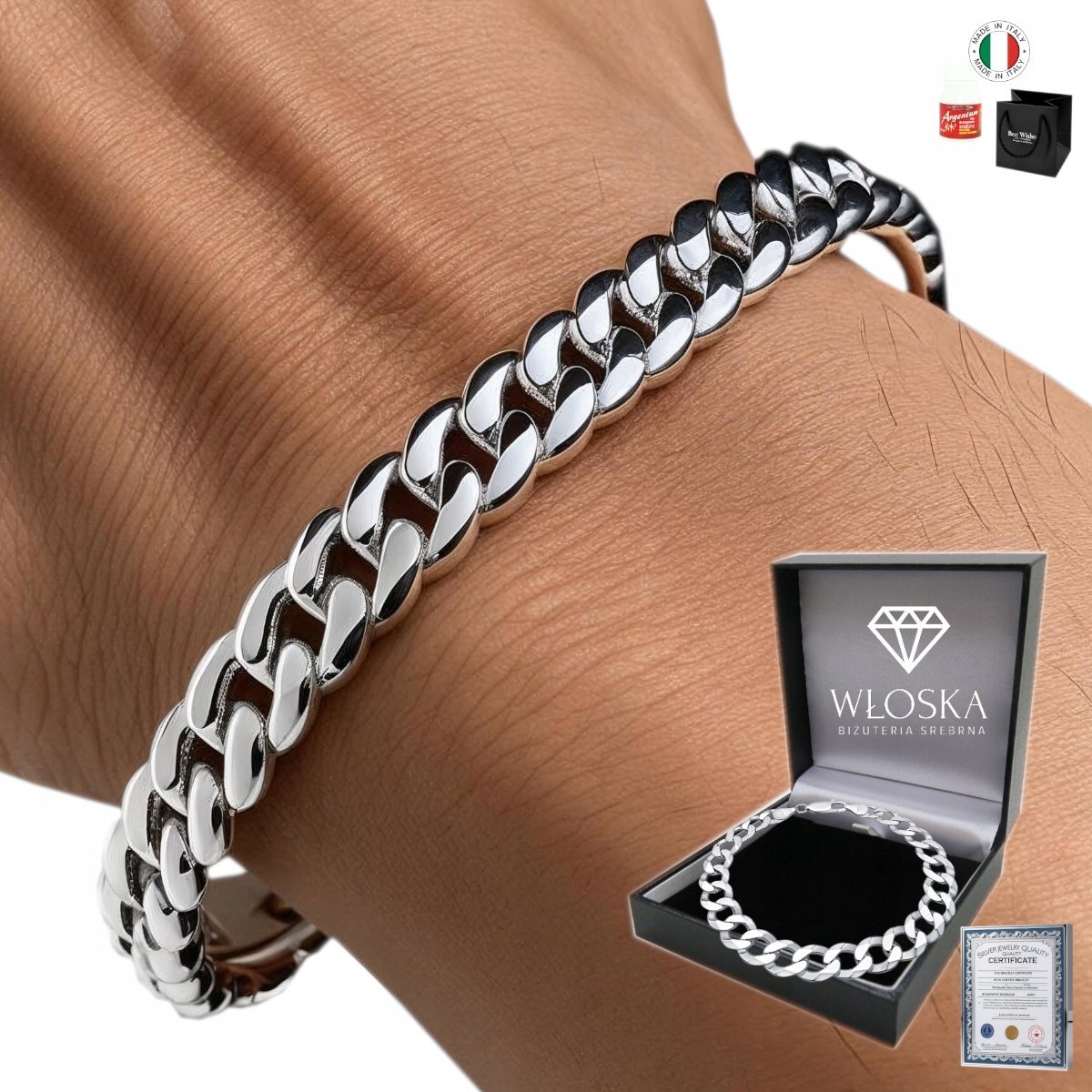 SREBRNA BRANSOLETKA MĘSKA SREBRO 925 DIAMENTOWANA PANCERKA NA PREZENT PEŁNA