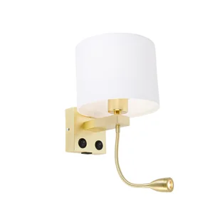 QAZQA Kinkiet złoty z USB i kloszem biały 18 cm - Brescia Combi - Lampy ścienne - miniaturka - grafika 1