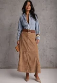 Spódnice - Beżowa Gładka Spódnica z Imitacji Zamszu o Rozkloszowanym Kroju Nettia - miniaturka - grafika 1