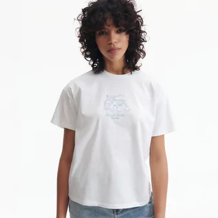 Koszulki i topy damskie - Reserved Bawełniany t-shirt - Biały - grafika 1