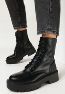 Botki damskie - Czarne Botki o Fasonie Workerów na Grubej Płaskiej Podeszwie Zapinane na Suwak Panalia - miniaturka - grafika 1