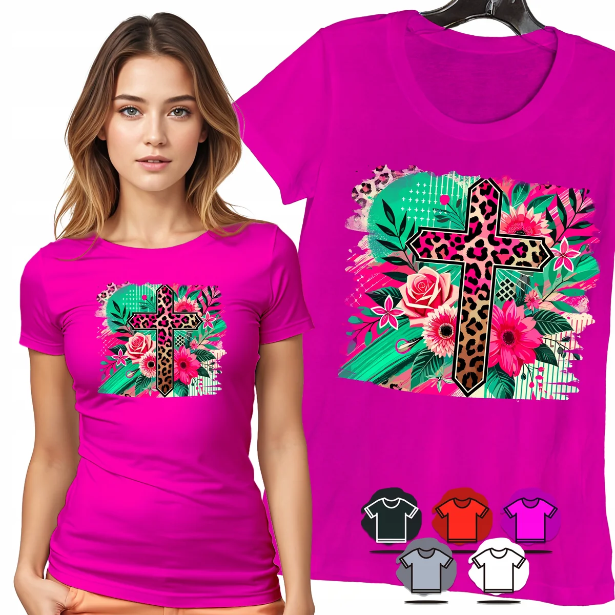 KOSZULKA DAMSKA T-SHIRT - KOLOROWY KRZYŻ KWIATY WIARA MOTYW WZÓR MOC - 3XL