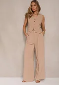 Komplety damskie - Ciemnobeżowy Garniturowy Komplet z Lnu i Wiskozy Kamizelka i Szerokie Spodnie Evialora - miniaturka - grafika 1