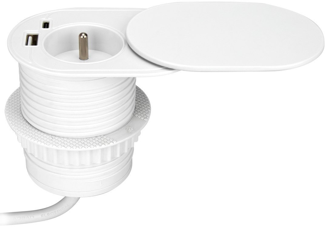 Gniazdo meblowe ?6cm, wpuszczane w blat z przesuwną pokrywką, ładowarką USB i przewodem 1,9m, 1x2P+Z French, 2xUSB typ A+C; P