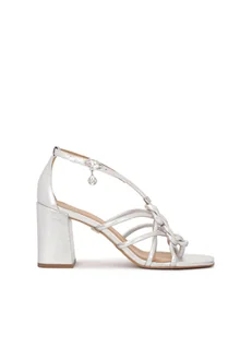 Srebrne skórzane sandały z plecionymi paskami - Sandały damskie - miniaturka - grafika 1