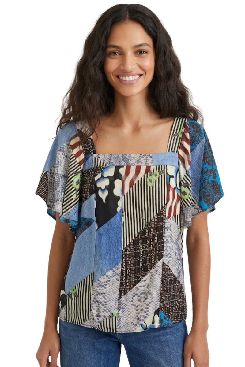 Bluzka damska Desigual Alejandria niebieska patchwork-XXL