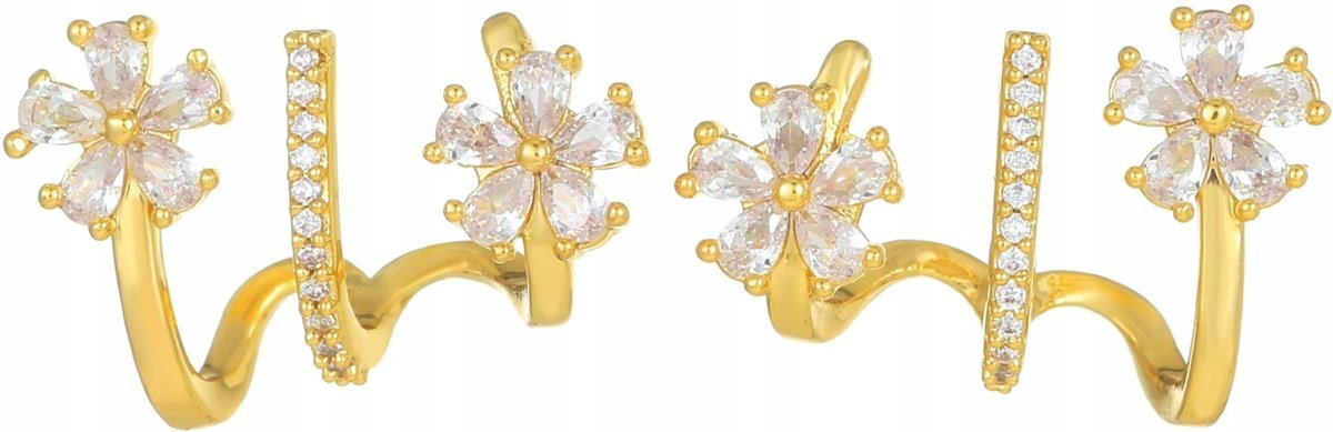 Złote Kolczyki z Kwiatkami Cyrkonie Sztyft Modne Stylowe Pozłacane