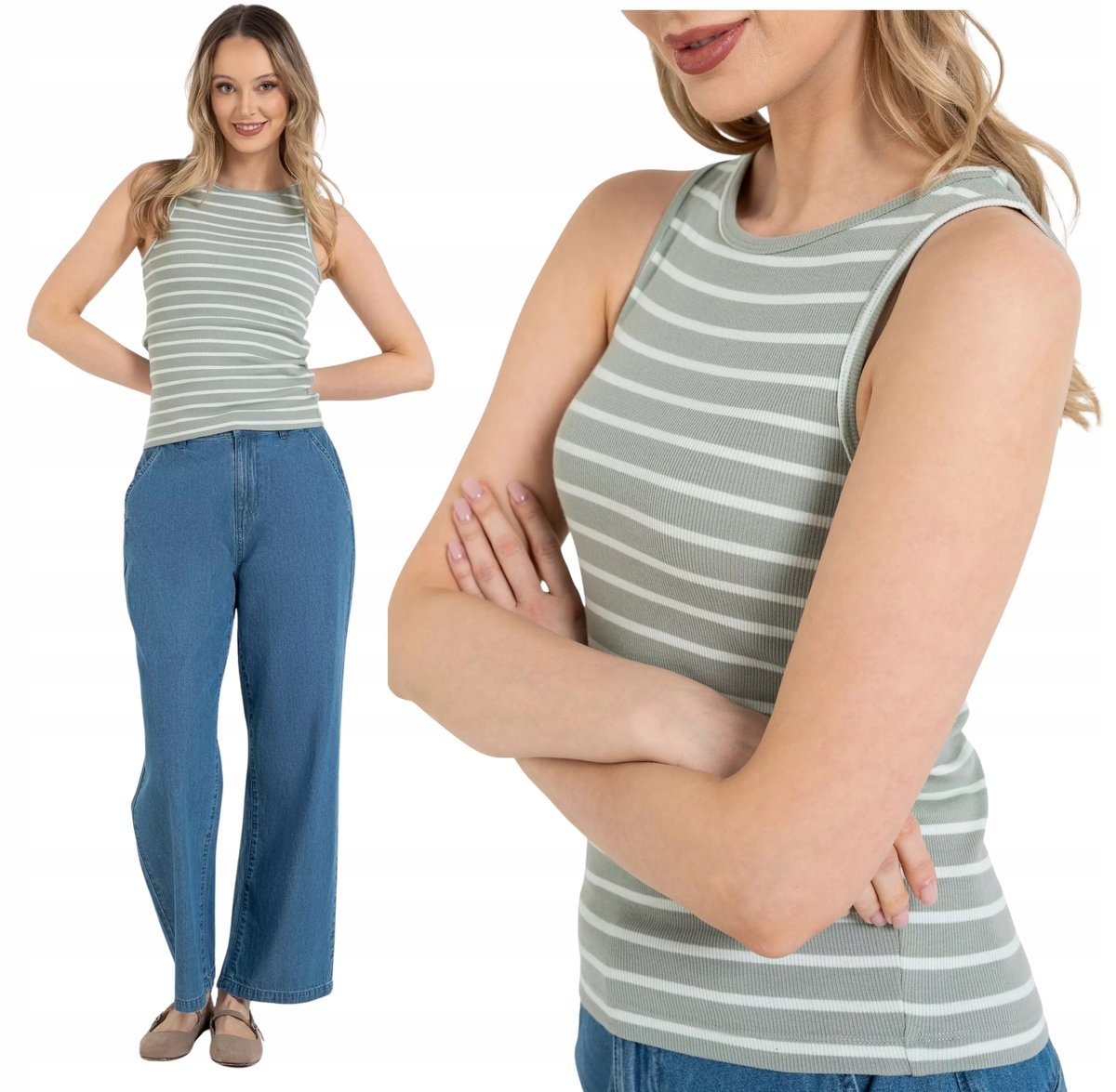 Koszulka Top Damski Bawełniany w Prążek Na Ramiączkach MORAJ W Paski XL