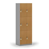 Szafki biurowe - Drewniana szafka skrytkowa, 6 schowków, zamek obrotowy, szary/buk - miniaturka - grafika 1