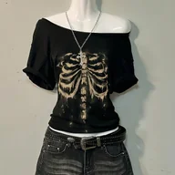 Bluzki damskie - TEMU Damska bluzka z krótkim rękawem i odkrytymi ramionami, z nadrukiem czaszki, modny i edgowa stylizacja, trwała konstrukcja, stylowa bluzka, dla - miniaturka - grafika 1