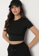 Koszulki i topy damskie - Czarny T-shirt z Wiskozą o Dopasowanym Kroju Typu Crop Top Folirra - miniaturka - grafika 1