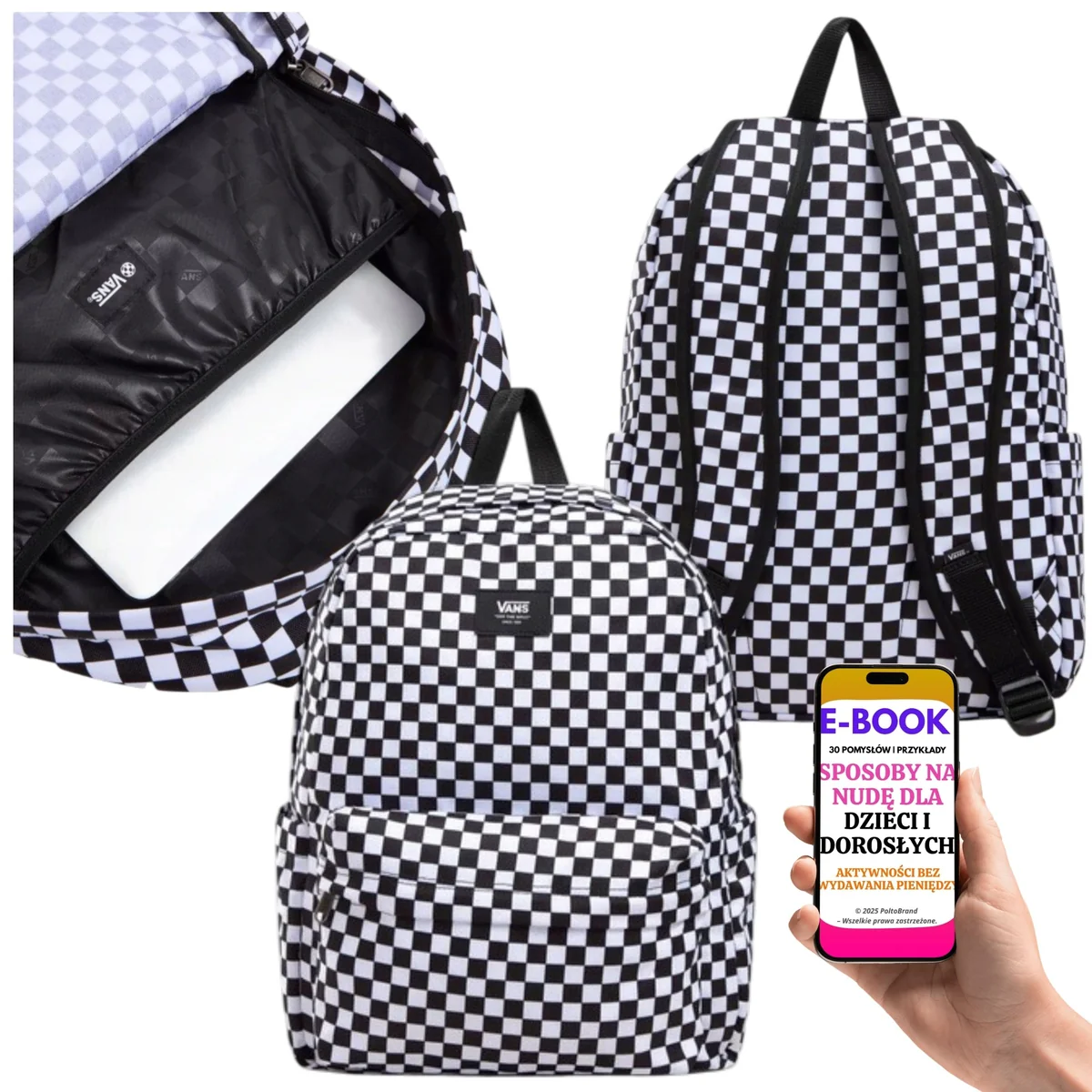 PLECAK VANS OLD SKOOL CHECK dla MŁODZIEŻY Czarny Biały Szkoła A4 22L + E-BOOK-3