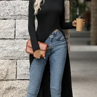 Bluzki damskie - TEMU Elektryczna Bluzka z Asymetrycznym Wysokim Dekoltem i Długimi Rękawami dla Kobiet - Jednokolorowa, Elastyczna z Szczeliną, Możliwość Prania w - miniaturka - grafika 1