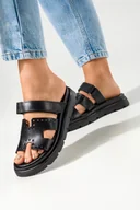 Klapki i japonki damskie - Czarne klapki skórzane damskie na bieżnikowanej platformie z geometrycznymi paskami na rzep PRODUKT POLSKI Casu 40440 - miniaturka - grafika 1