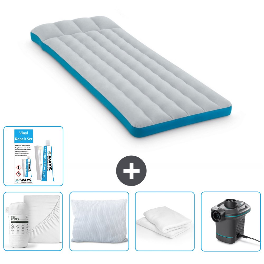 Mata kempingowa Intex - łóżko francuskie - 72 x 189 x 20 cm - niebieska - w zestawie prześcieradło - całowanie - pompka - zestaw naprawczy en ochraniacz na poduszkę