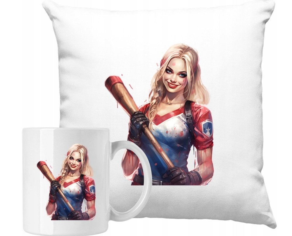 ZESTAW PODUSZKA + KUBEK Harley Quinn Maczuga Pomysł Na Prezent + IMIĘ